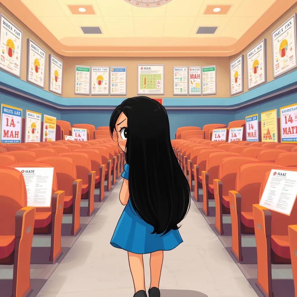 Image of منى, a young Arab girl with long black hair in a blue dress, nervously walking into a school auditorium filled with posters for a math competition, hopeful expressions, illustration, colorful, inviting environment, child-friendly