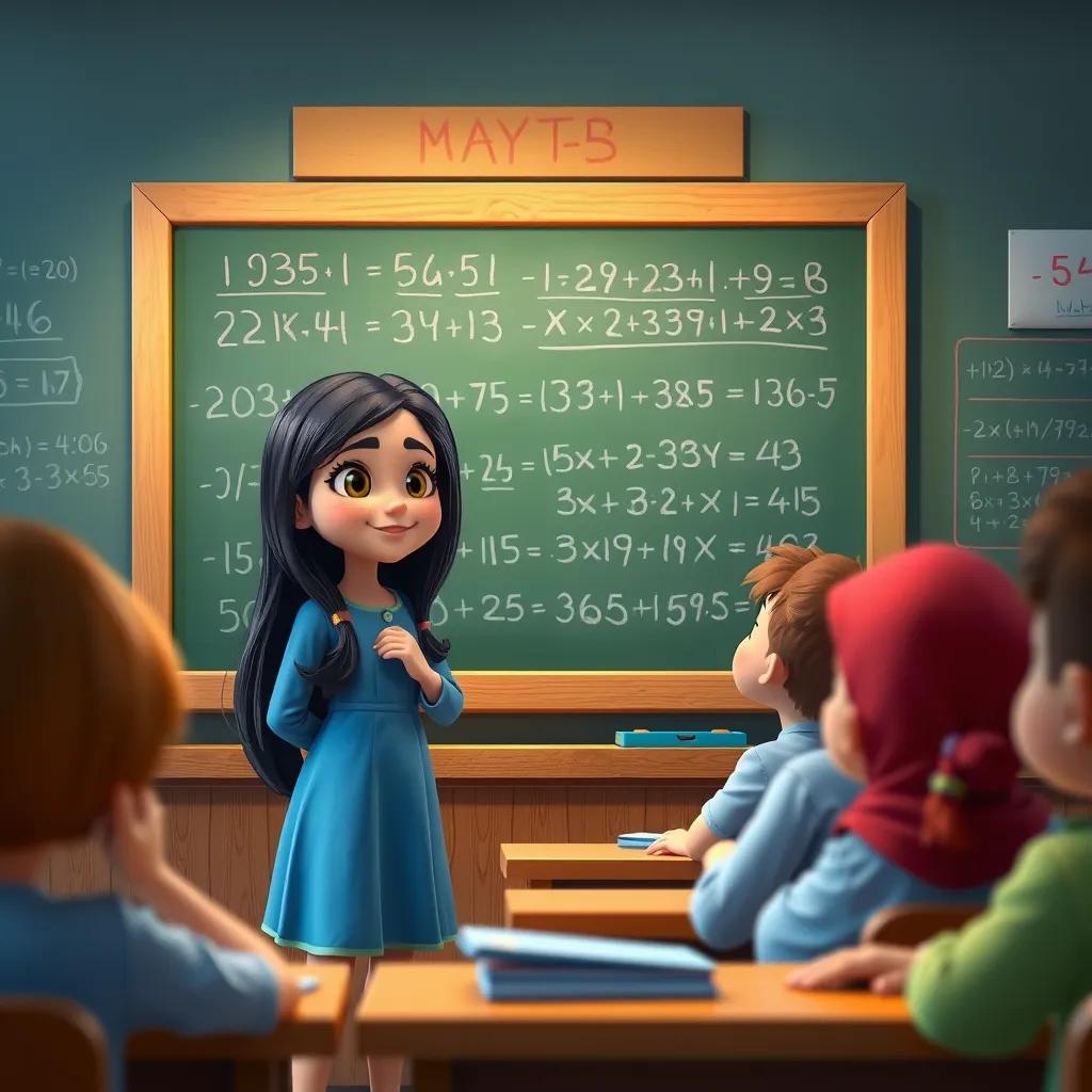 Image of منى, a young Arab girl with long black hair in a blue dress, confidently solving math problems on a chalkboard in front of classmates, focused atmosphere, vibrant colors, cheerful mood, high quality