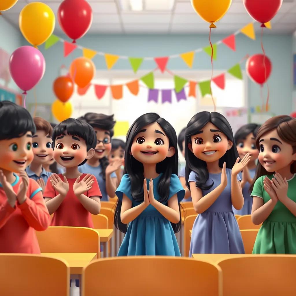 Image of A group of students, including منى, a young Arab girl with long black hair in a blue dress, clapping and smiling in a classroom filled with balloons and celebration decorations, joyful energy, bright colors, heartwarming scene, high quality