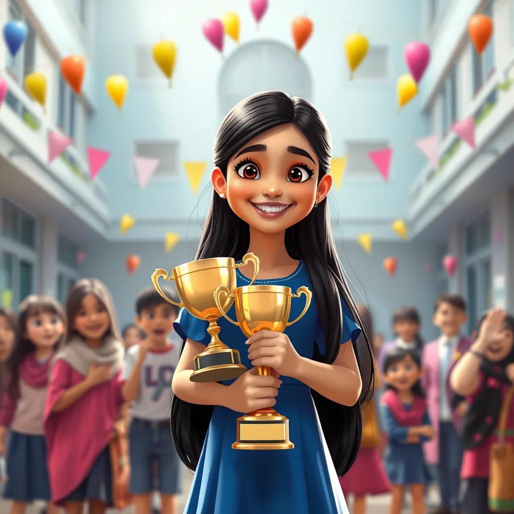 Image of منى, a young Arab girl with long black hair in a blue dress, holding a trophy with a proud smile, surrounded by friends celebrating in the school courtyard, festive and cheerful ambiance, colorful and uplifting, high quality