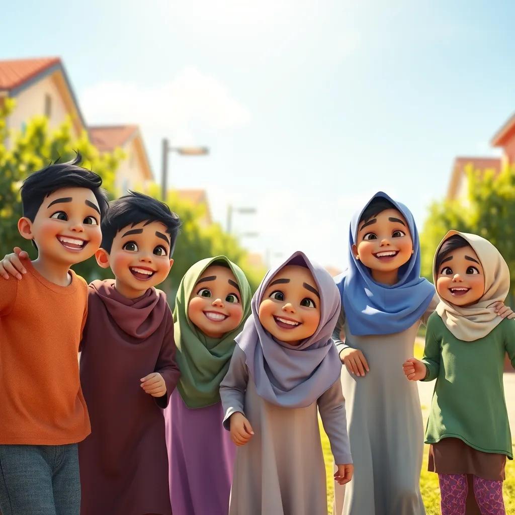 Image of A group of Muslim children playing joyfully in a neighborhood park, smiling and laughing together, warm sunny day, cheerful atmosphere, colorful clothing, digital art, inviting, high quality