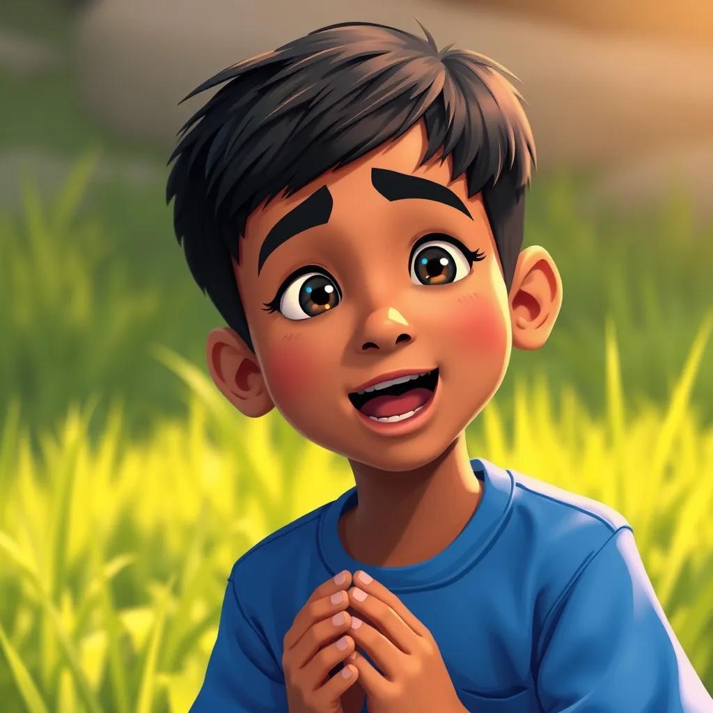 Image of Ahmed, a young Muslim boy with short black hair, wearing a bright blue shirt, sharing his experience about learning prayer, excited expression, green grass in the background, digital painting, warm colors, uplifting