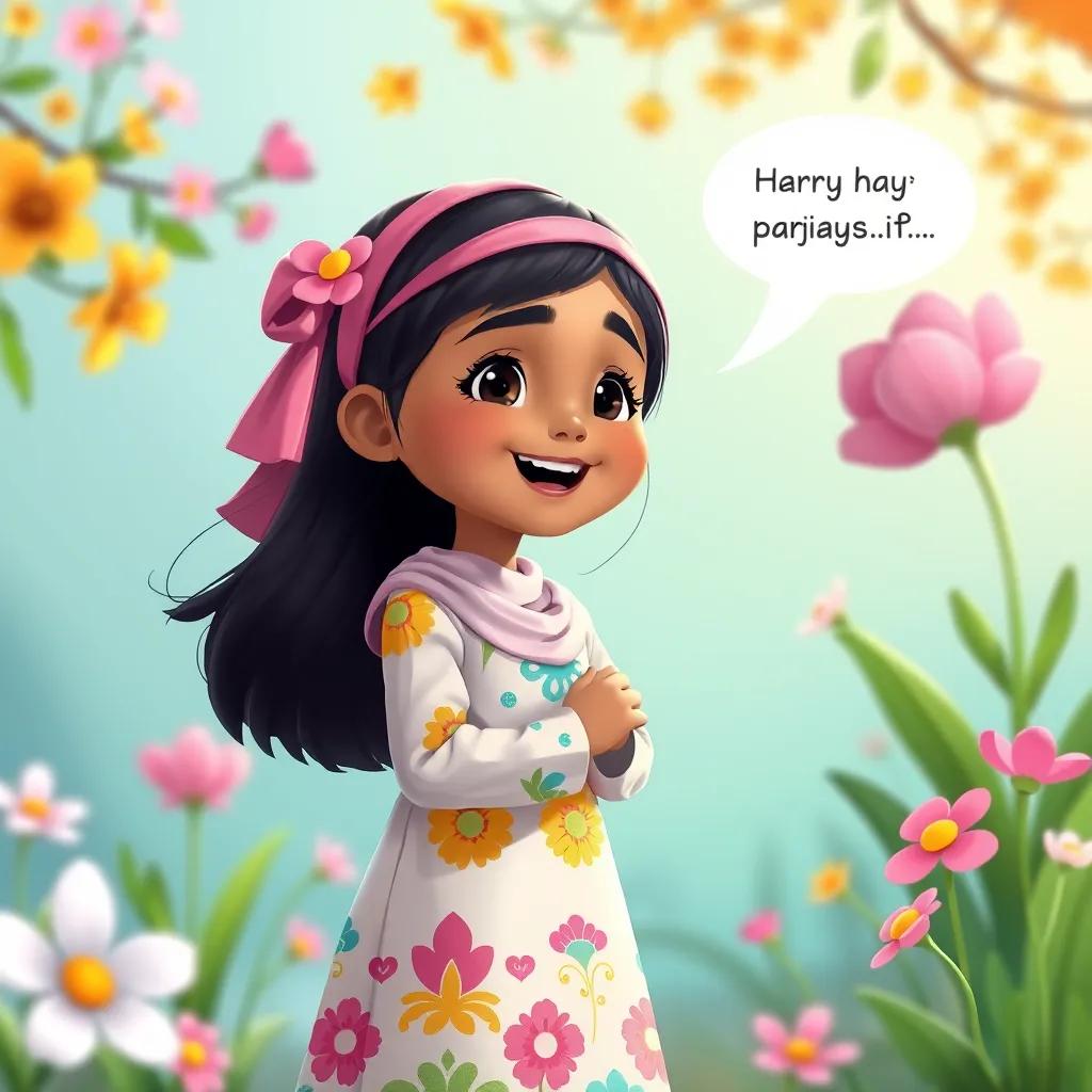 Image of Zainab, a young Muslim girl with long straight hair, wearing a colorful dress and a headband, happily talking about family prayers, beautiful flowers around, cheerful ambiance, digital illustration, vibrant colors, child-friendly