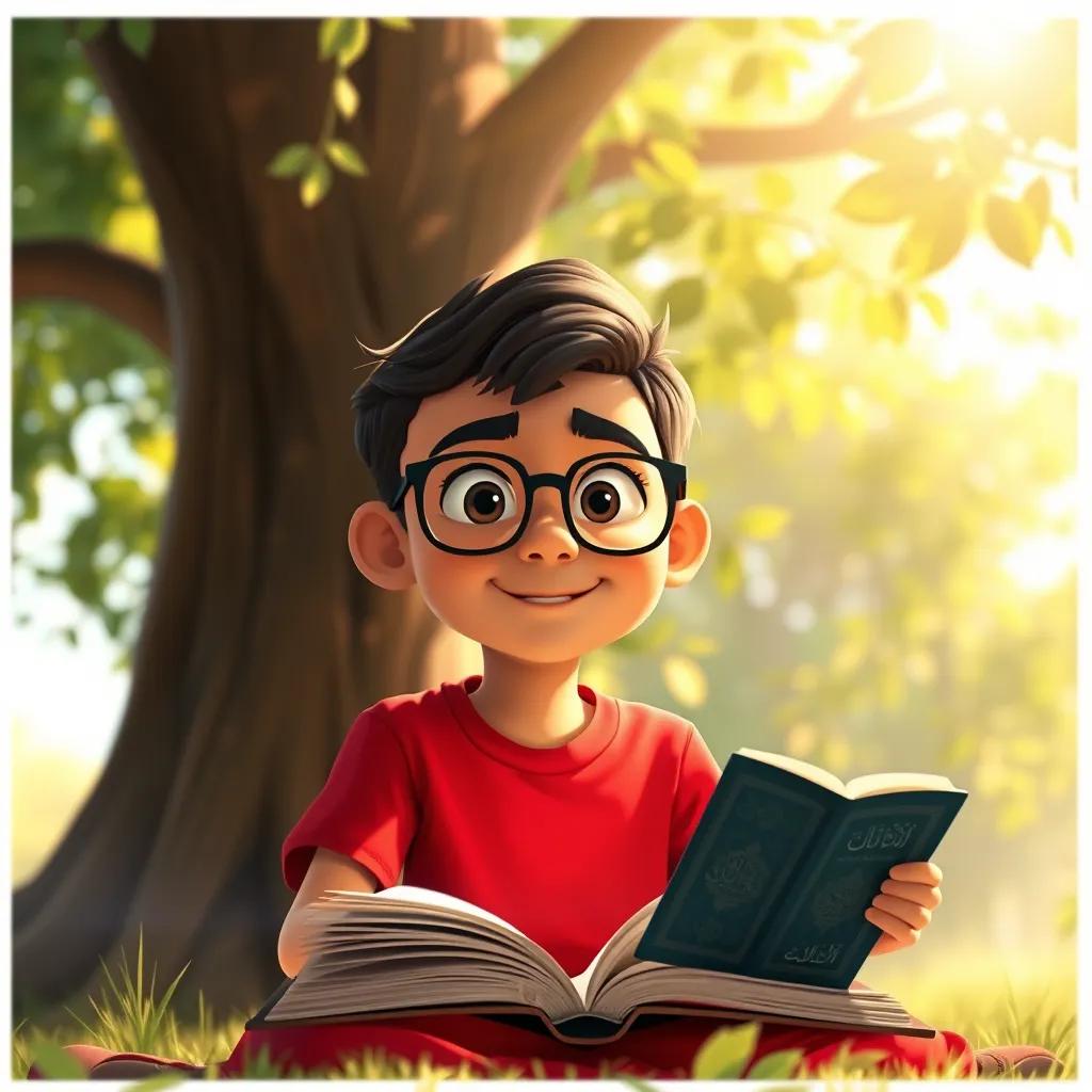 Image of Youssef, a young Muslim boy with glasses, wearing a red t-shirt, sharing stories from the Quran, sitting under a tree, engaging expression, warm sunlight filtering through leaves, digital art, friendly, encouraging