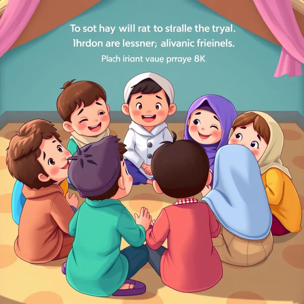 Image of All the children together, sitting in a circle with excitement, deciding to share their lessons about prayer and Islamic values with their school friends, colorful clothing, joyful expressions, illustration, happy environment, high quality