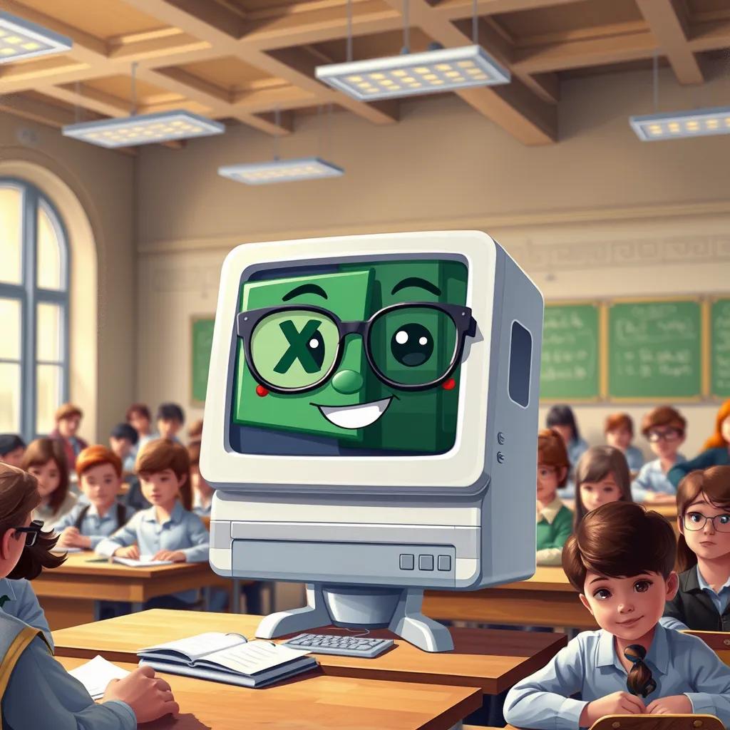 Image of A friendly computer program, Excel, depicted as a cute cartoon character, with glasses and a smile, in a classroom filled with students, digital art, bright colors, cheerful atmosphere, high quality