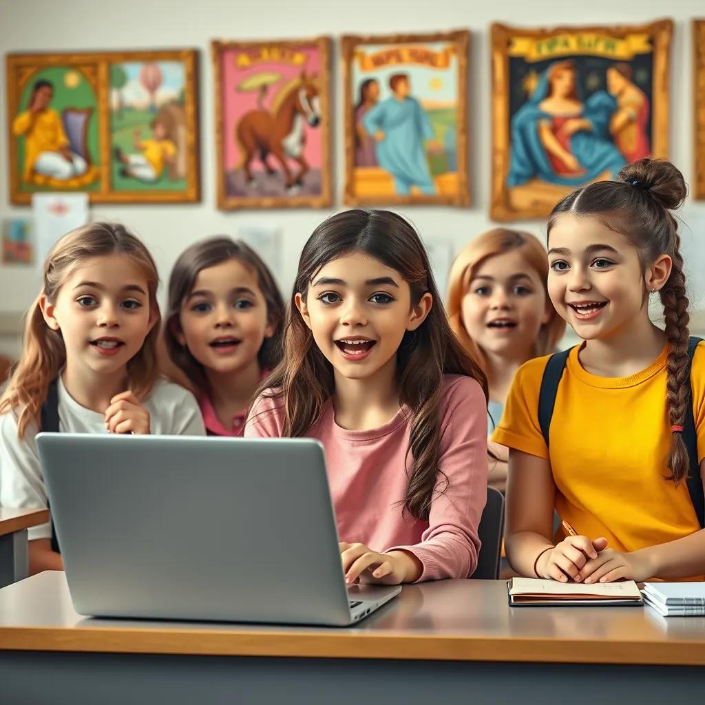 Image of A group of smart girls in classroom, with excited expressions, one named Nora at the front, writing on a laptop, colorful posters in the background, illustration, vibrant, inviting