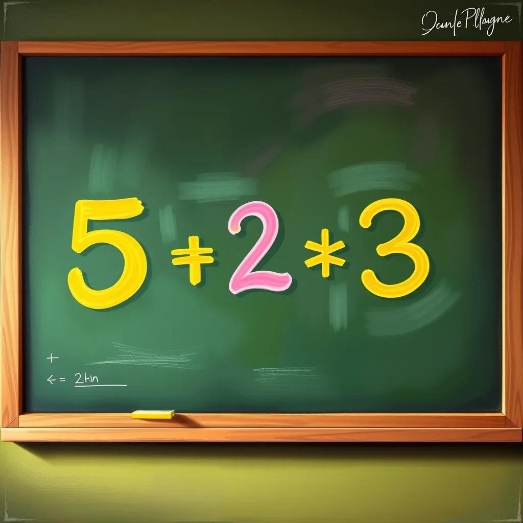 Image of A colorful equation written on a blackboard, showing `= 5 + 2 * 3`, with cheerful, animated numbers around, classroom setting, engaging view, child-friendly