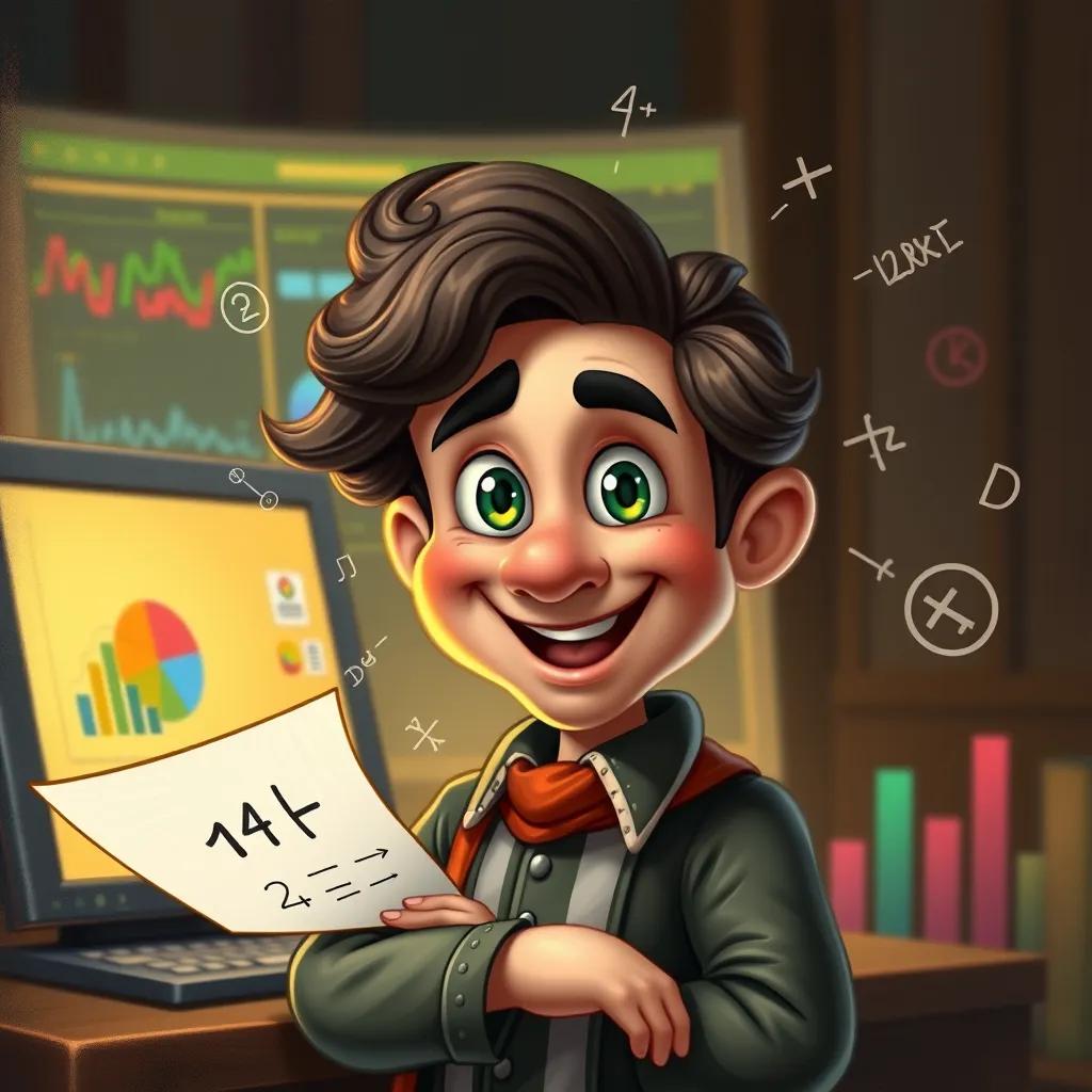 Image of Excel character, smiling and explaining math, with colorful charts and symbols around, glowing computer in the background, digital art, friendly and informative