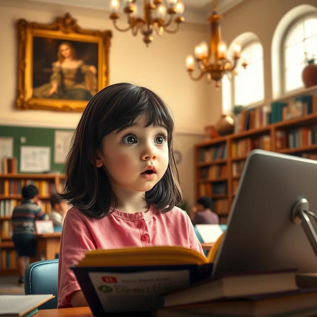 Image of Nora, a girl with medium-length dark hair, wearing a pink shirt, looking amazed while learning from Excel, bright classroom filled with books and lights, cozy and bright