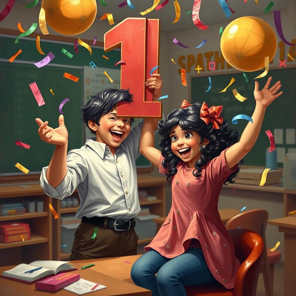 Image of Excel cheerfully helping Nora with a big number 11 in the air, surrounded by confetti and math symbols, joyful classroom scene, celebration atmosphere, colorful