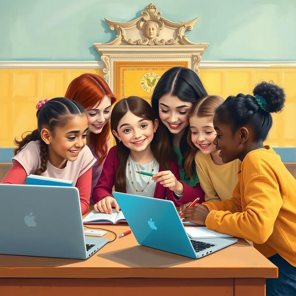 Image of Nora and her friends happily solving a math problem together with notebooks and laptops, bright colors, cheerful atmosphere, collaborative learning setting