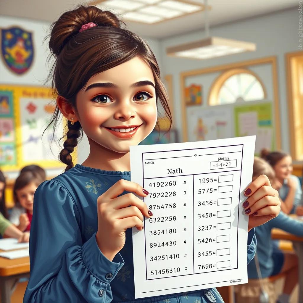 Image of Nora smiling confidently holding a completed math worksheet with correct answers, with happy friends around her, sunny classroom, encouraging environment, vivid