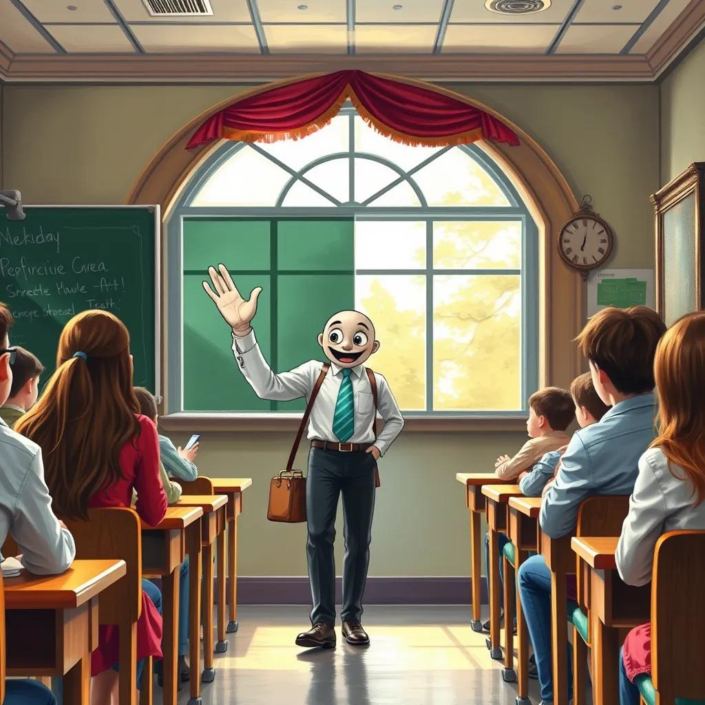 Image of A warm farewell scene, with Excel waving goodbye to the students as they confidently leave the classroom, bright colors, friendly tone, inspirational atmosphere