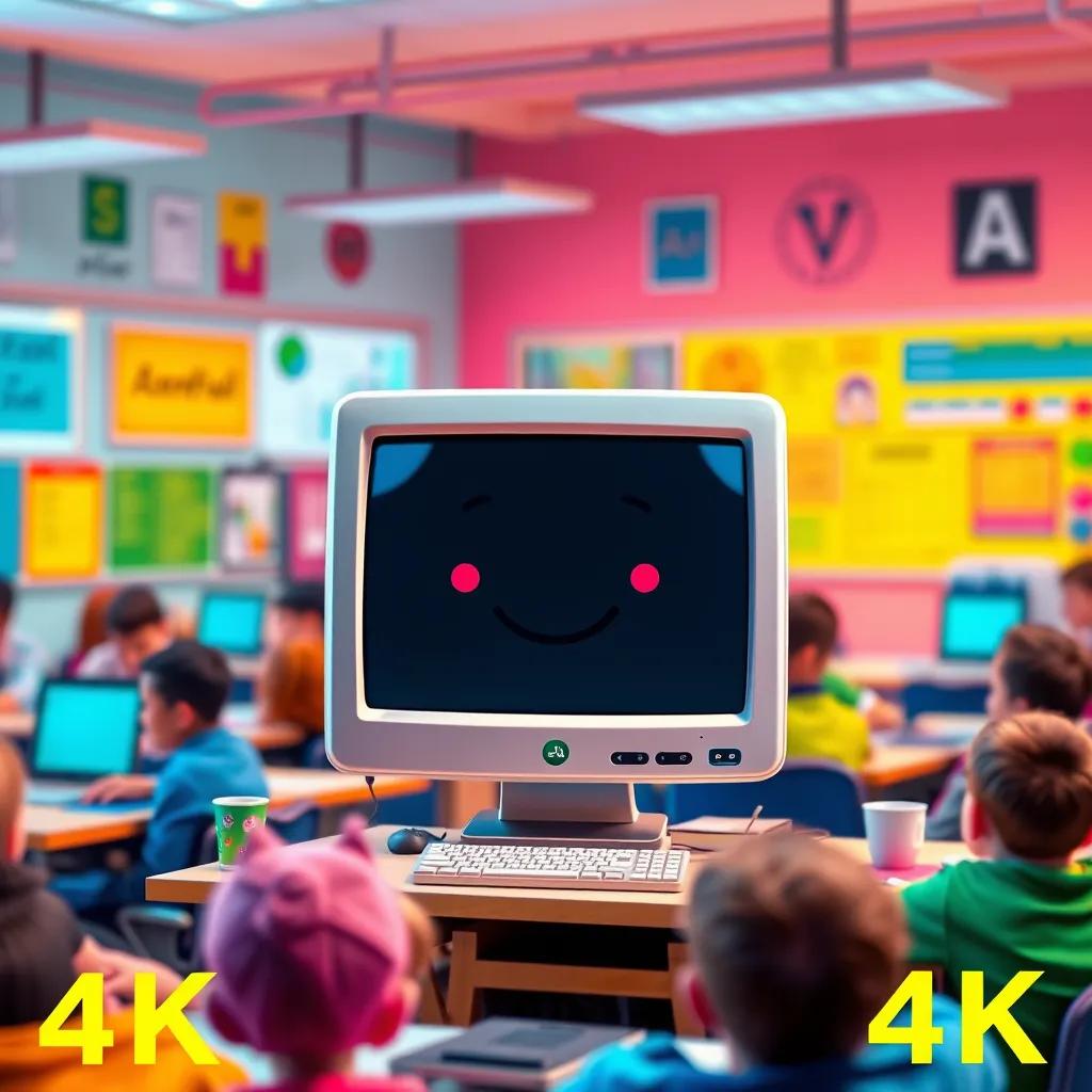 Image of A friendly computer program named Excel, with a happy face on a computer screen, in a colorful classroom filled with students, digital art, bright colors, cheerful atmosphere, high quality