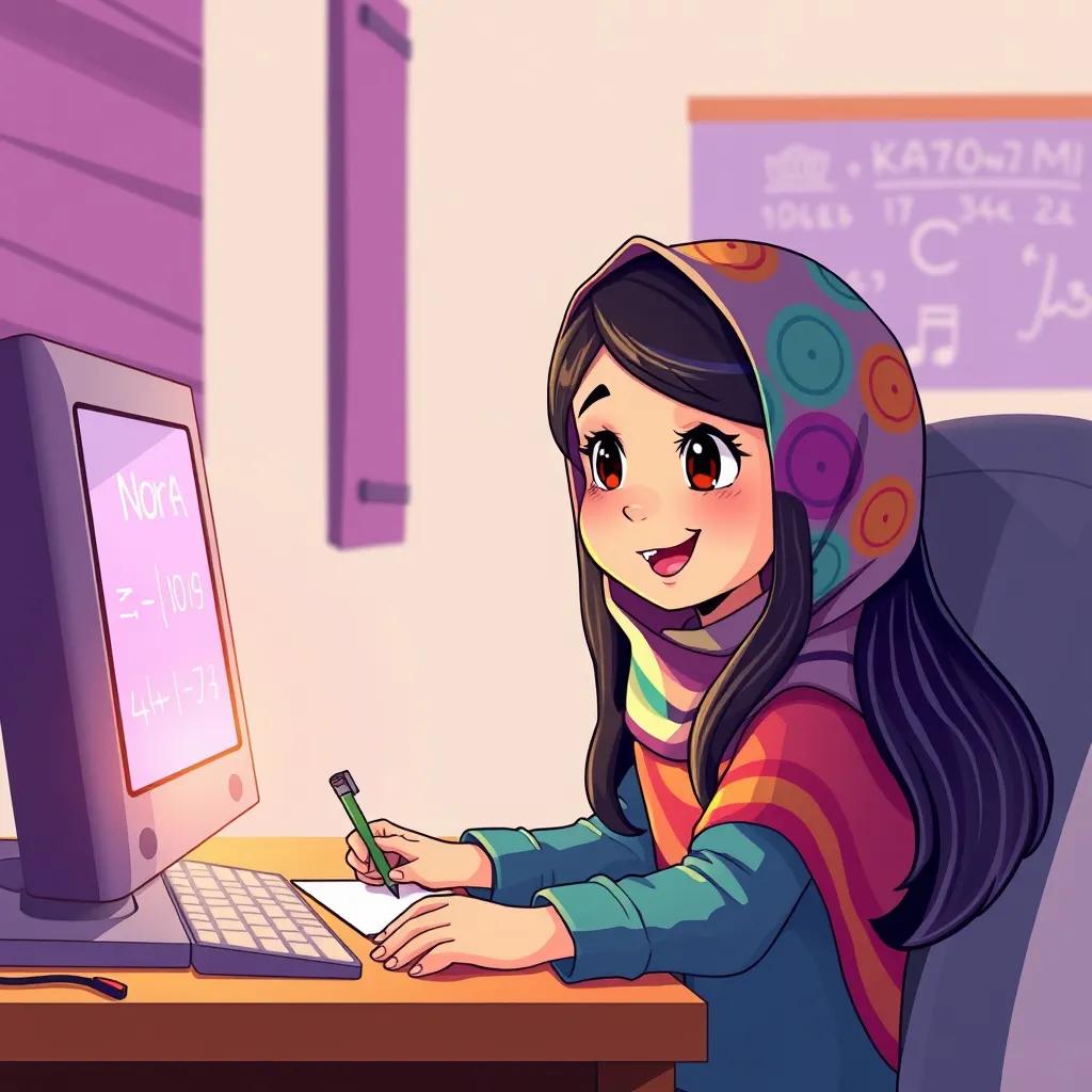 Image of Nora, a young Arab girl, with long, dark hair wearing a colorful hijab, sitting in front of a computer, writing an equation with excitement, illustration, engaging, child-friendly, warm colors