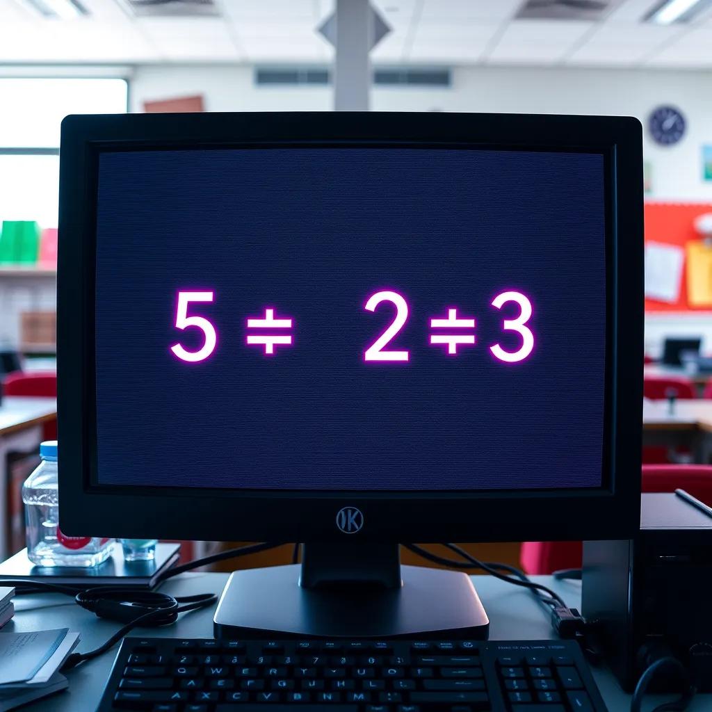 Image of The computer screen showing the equation = 5 + 2 * 3, with numbers and symbols illuminated, in a bright classroom filled with learning materials, digital art, clear focus, educational