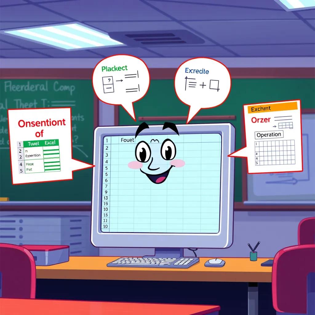 Image of Excel, the computer program, explaining with a friendly expression, with colorful diagrams around regarding order of operations, in a classroom setting, illustration, engaging visuals, informative