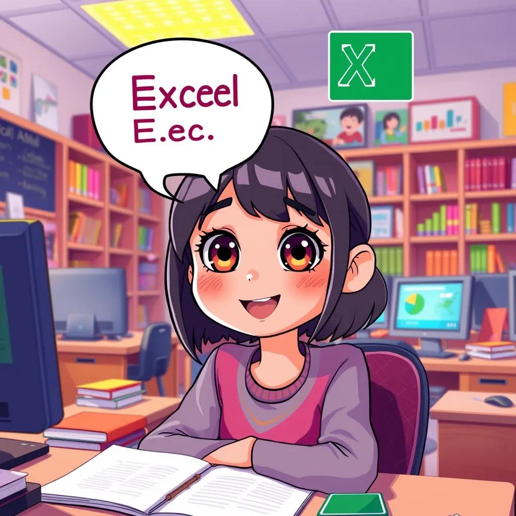 Image of Nora, looking amazed with wide eyes, responding to Excel with a smile, inside a classroom filled with colorful books and computers, cheerful illustration, warm and inviting