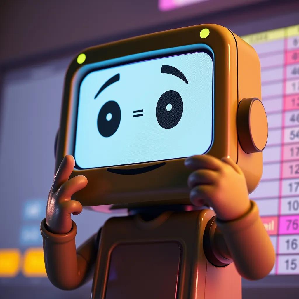 Image of Close-up of Excel, a smart digital character with a friendly face and arms, showing a math equation on the screen, as if talking to Nora, bright and colorful, child-friendly, here to help