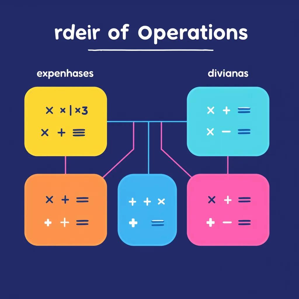 Image of A visual guide diagram showing the order of operations: parentheses, exponents, multiplication, division, addition, and subtraction, with fun colors and child-friendly icons, educational illustration, clear and engaging