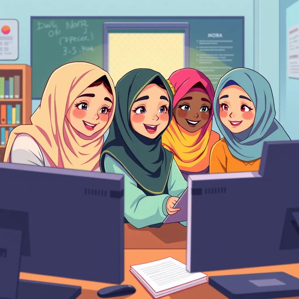 Image of Nora's classmates, young Arab girls with diverse hairstyles in colorful clothes, studying together in front of the computer, joyful learning atmosphere, illustration, vibrant and lively