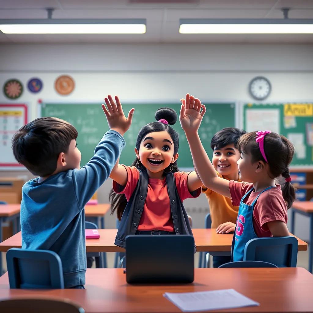 Image of Nora and her classmates celebrating their successful math problem-solving together, high-fives and smiles in a cheerful classroom, joyful scene, colorful, supportive environment