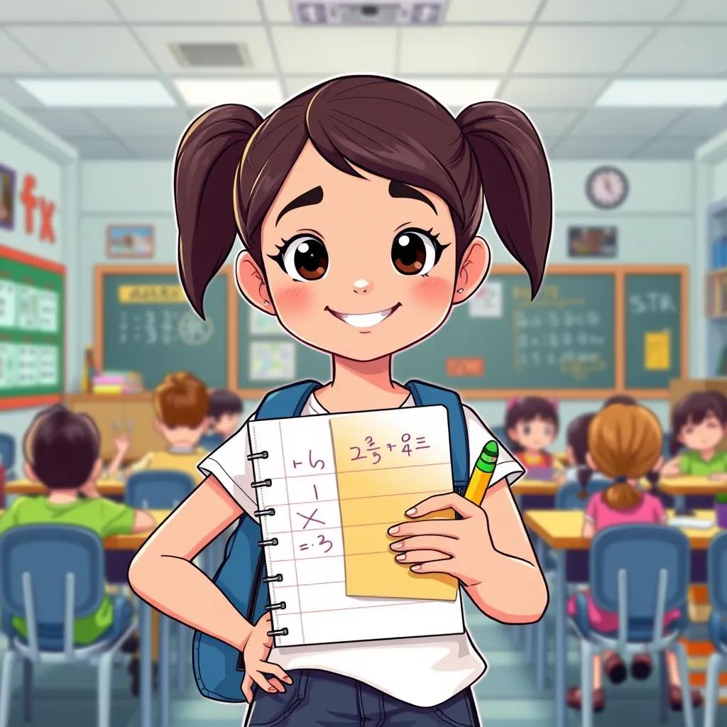 Image of A confident Nora, holding her notebook with math notes, standing proudly in front of her classmates, in a bright classroom rich with learning tools, illustration, uplifting, positive mood