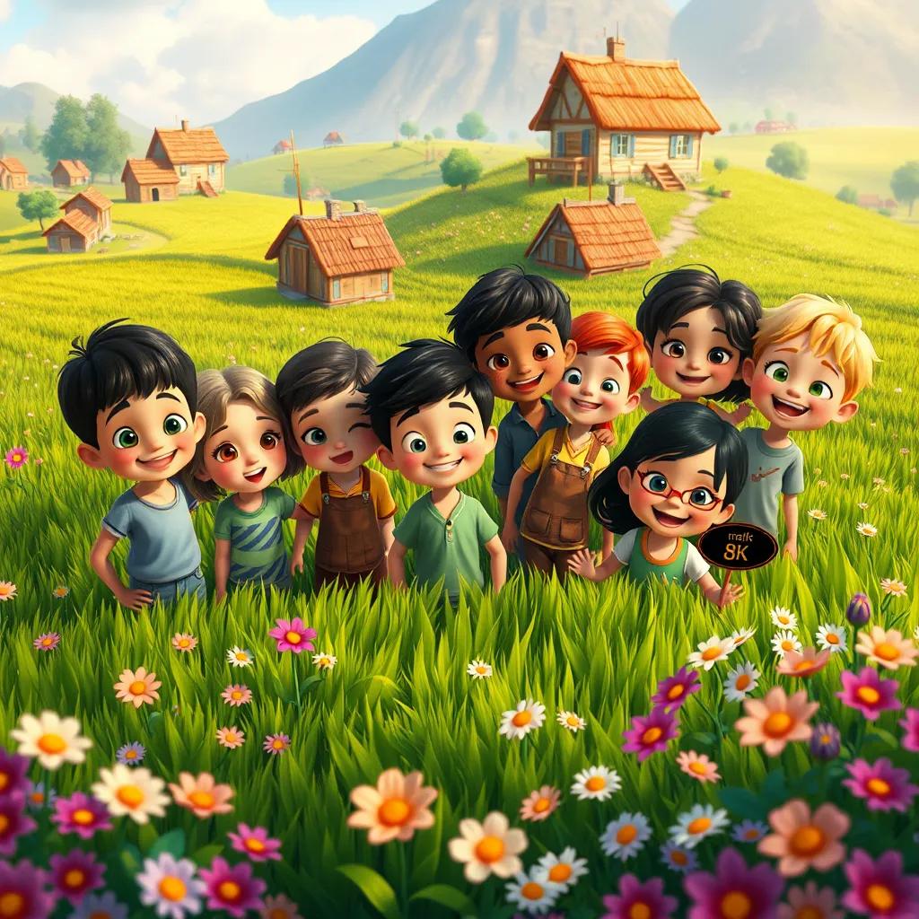 Image of A group of children in a small village, each with unique expressive faces, colorful and lively, surrounded by green fields and blooming flowers, joyful atmosphere, vibrant colors, high quality