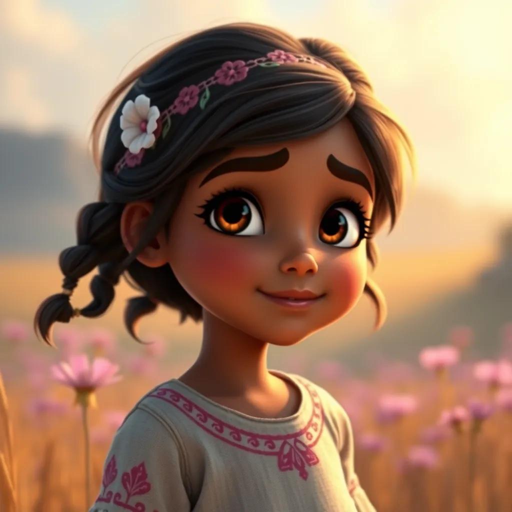 Image of Fatima, a young girl with bright eyes and a hopeful expression, dreaming of her big ambitions, standing in a sunlit field, digital art, warm and inviting colors, rich detail, high quality