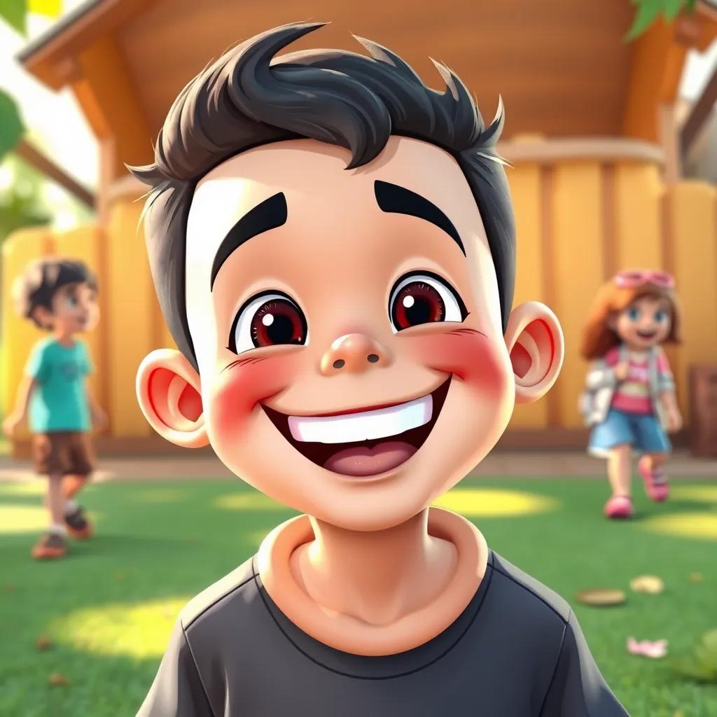 Image of Ali, a cheerful boy with a big smile, showing his white teeth and filled with joy, playing outside with friends, illustration, bright and lively, child-friendly, high quality