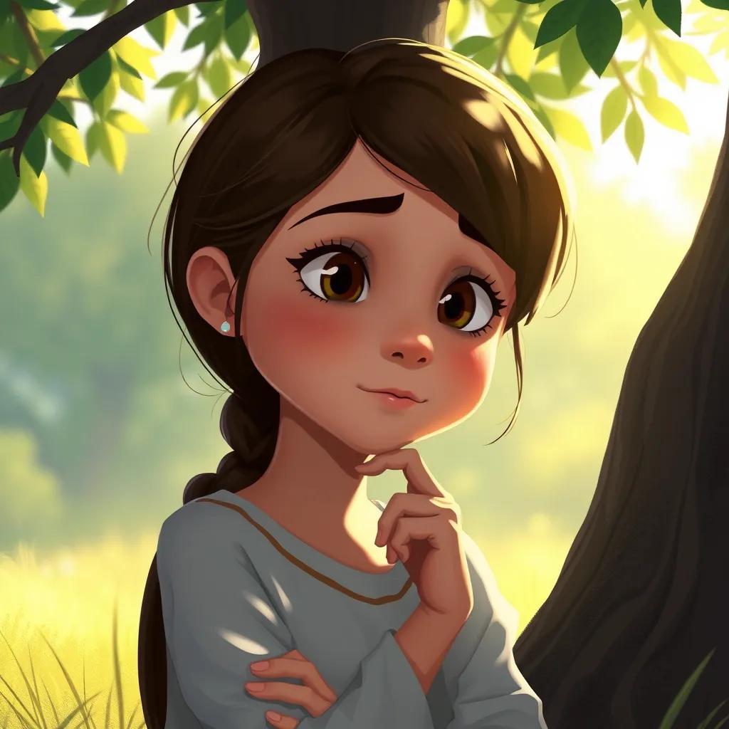 Image of Mariam, a thoughtful girl with a calm face, pondering deeply under a tree, her wise expression glowing in the soft sunlight, digital drawing, serene colors, thoughtful atmosphere, high quality