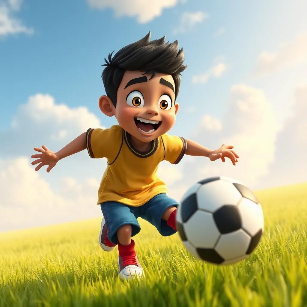 Image of Yusuf, an energetic boy with a determined face, chasing a football across an open field, his enthusiasm radiating from his expression, vibrant illustration, action-packed, child-friendly, high quality