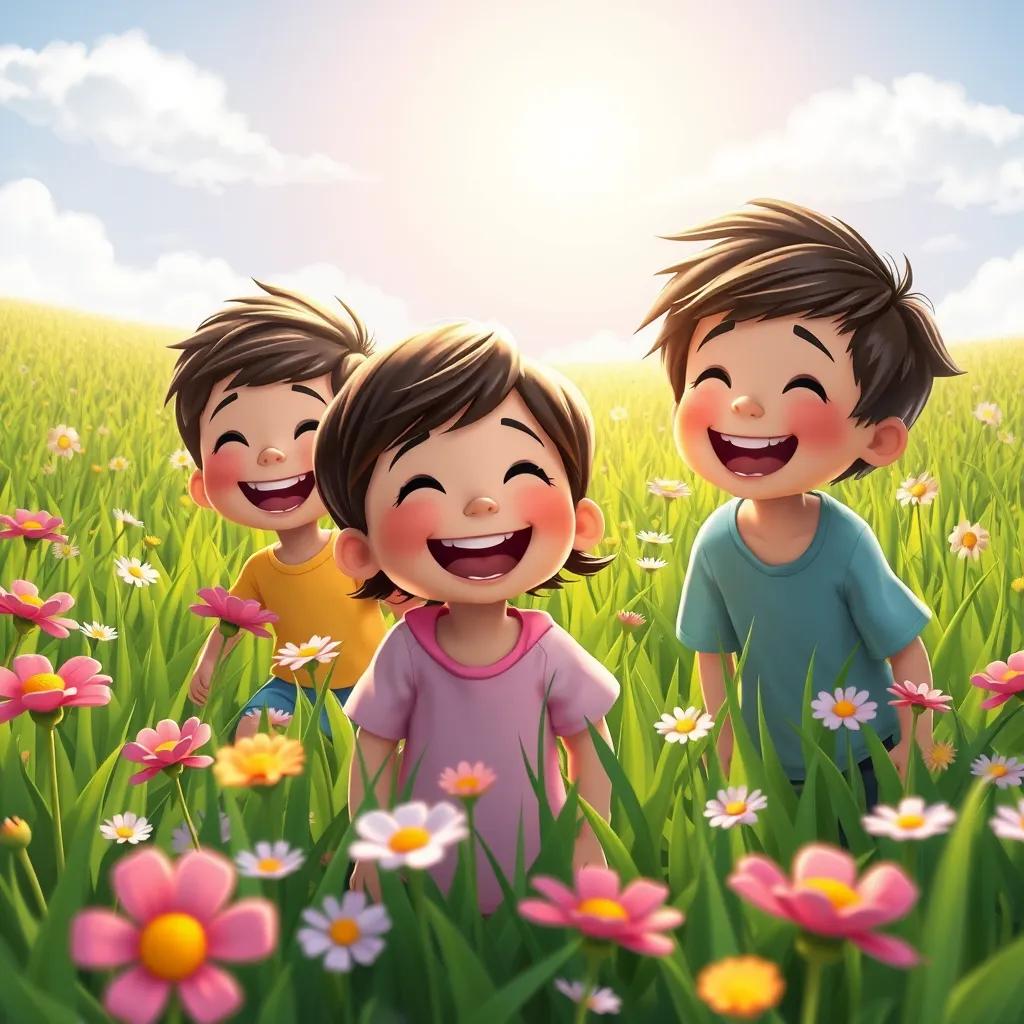 Image of Children laughing and playing in the green fields with flowers blooming around them, their happy faces bright under the sun, digital art, cheerful colors, joyful atmosphere, high quality