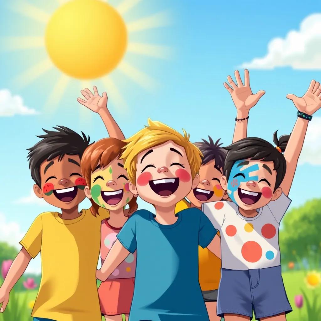 Image of Kids celebrating on a sunny day, their faces painted with bright colors, representing various emotions from joy to courage, lively scene, colorful illustration, high quality