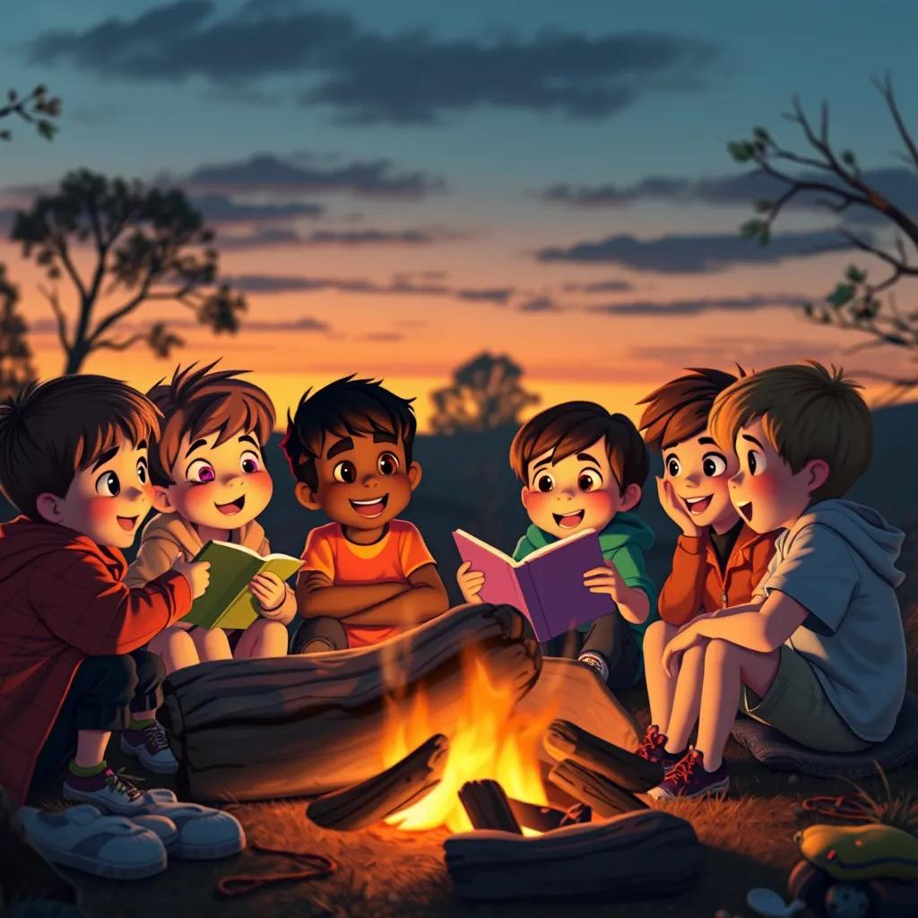 Image of Kids gathered around a campfire at dusk, sharing stories with excited expressions on their faces, warm glow and cozy atmosphere, digital art, inviting colors, high quality