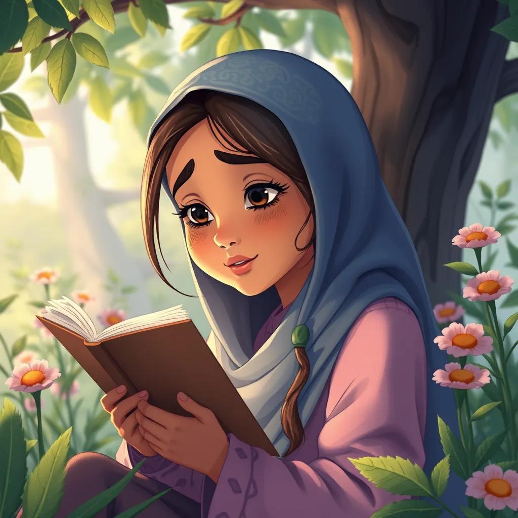 Image of Fatima writing a poem about their expressive faces, her face showing concentration and creativity, surrounded by nature, illustration, tranquil colors, storytelling perspective, high quality