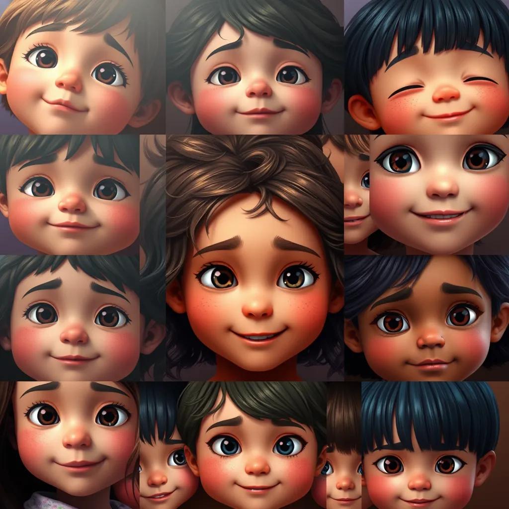 Image of A collage of children's faces showing various emotions, representing depth and feelings, radiant colors, harmonious composition, digital art, high quality