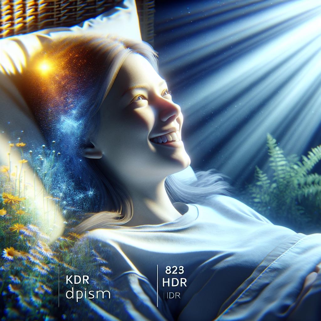 Image of A girl waking up with a smile, feeling the warmth of the sun through her window.