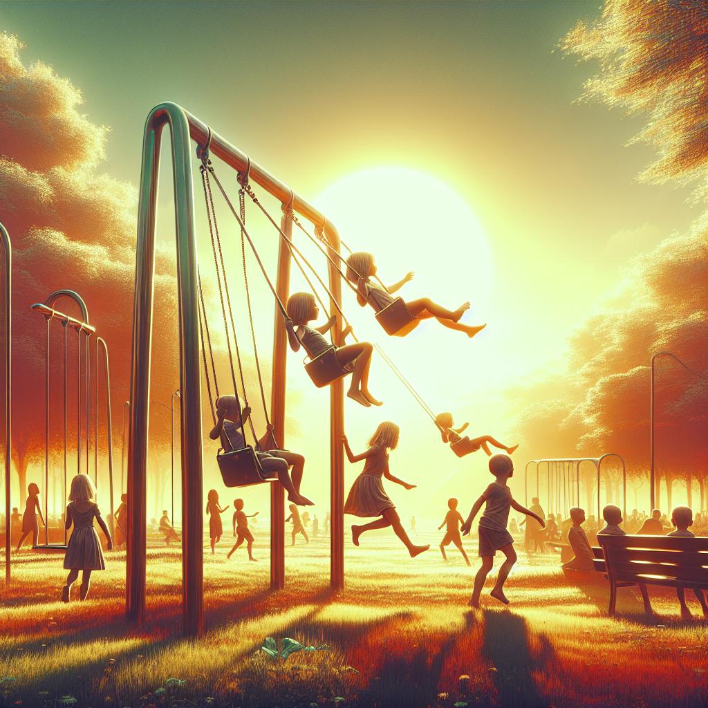 Image of Children laughing and swinging high on a sunny day in the park.