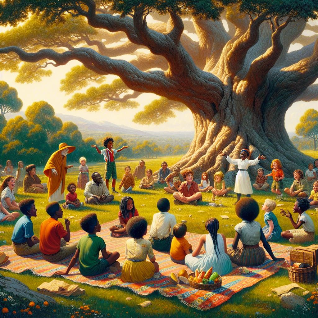 Image of A picnic under a tall oak tree with children sharing stories and dreams.