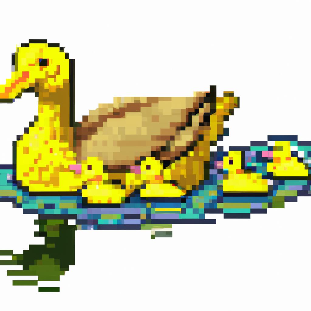 Image of A cute yellow duck swimming gracefully in a crystal clear pond surrounded by lush green reeds.