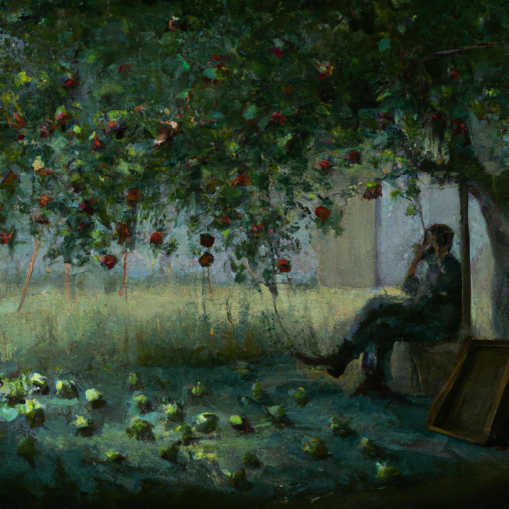 Image of A man resting under a green apple tree with apples hanging from the branches.