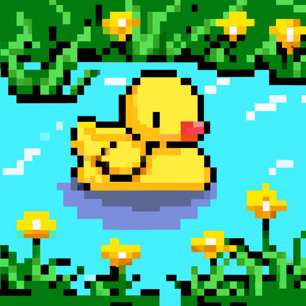 Image of A cute little yellow duck swimming happily in a sparkling pond, surrounded by greenery and flowers.