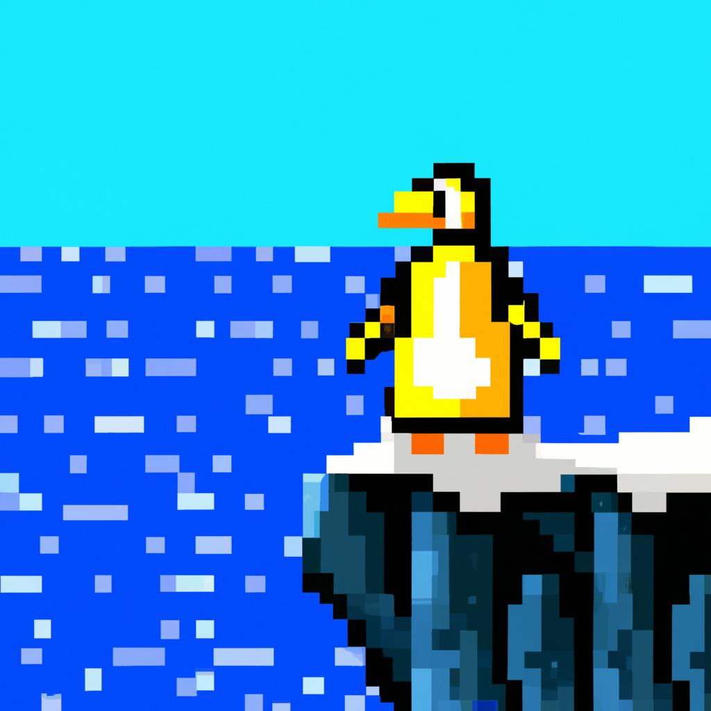 Image of A cute penguin with a bright yellow beak standing at the edge of an icy cliff, ready to dive into the sparkling blue sea.