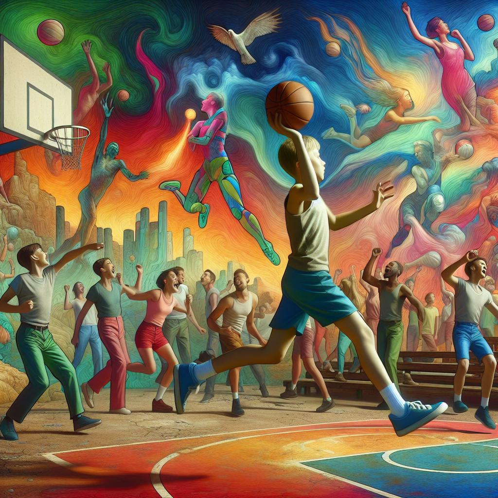 Image of A child playing basketball in a vibrant playground in Orville County, surrounded by cheering friends.