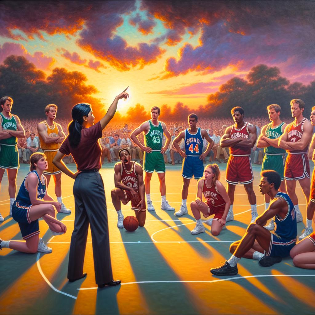 Image of A young coach in a basketball court, giving instructions to a group of enthusiastic players, the sun setting in the background casting long shadows on the court.