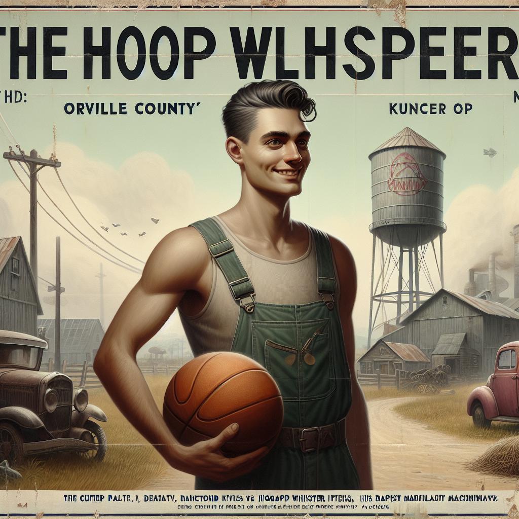 Image of A poster in Orville County with the title 'The Hoop Whisperer' featuring Oliver holding a basketball with a confident smile.