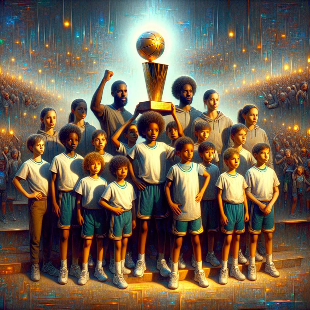 Image of A group of kids in Orville County wearing basketball jerseys, posing with Oliver and the championship trophy, beaming with pride and joy.