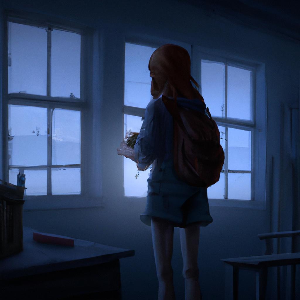 Image of A young girl packing a small bag and looking out of a window in the moonlight.